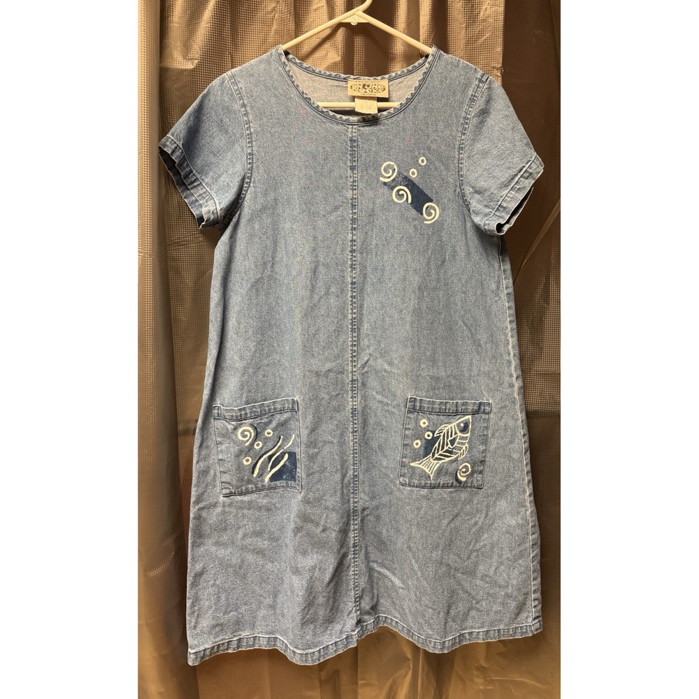 Vintage Y2k On the Rocks Light Blue Denim Dress Under the Sea Nautical Fish READ